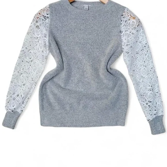 Nordstrom Halogen Lace Detailed Crewneck Sweater Size Medium Gray White - Picture 3 of 8